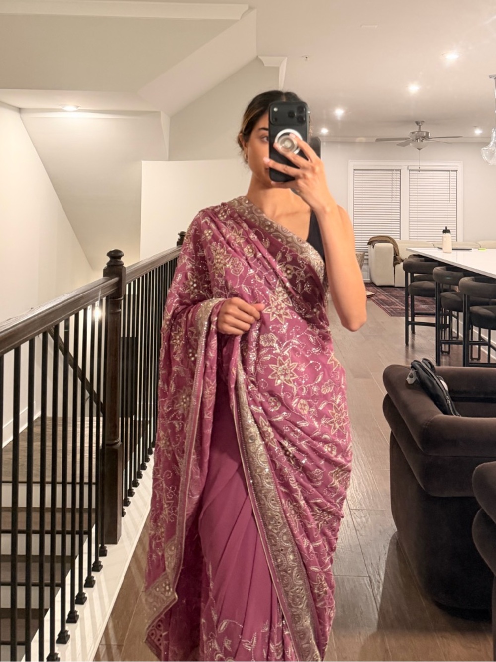 Embroidered Purple Pink Saree with Silver Accents - Indian and Pakistani Wedding